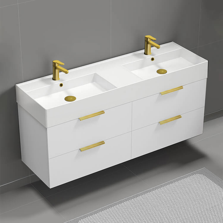 Bathroom Vanity Double Floating Bathroom Vanity, Modern, 56 Inch, Gold Handles Nameeks DERIN190